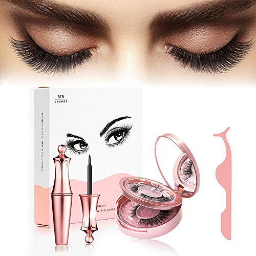 Pestañas Magnéticas,Pestañas Magneticas Delineador, 3D Reutilizables Pestañas falsas con pinzas, No se Necesita Pegamento, Magnetic Eyelashes set con pinzas (2 pares)