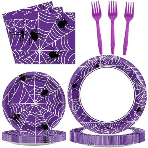 Image of Qyeahkj 100 Pcs Halloween Birthday Party Supplies Paper Plates and Napkins Set Disposable Spider Web Tableware Decorations for Halloween Theme Baby Shower Serves 25