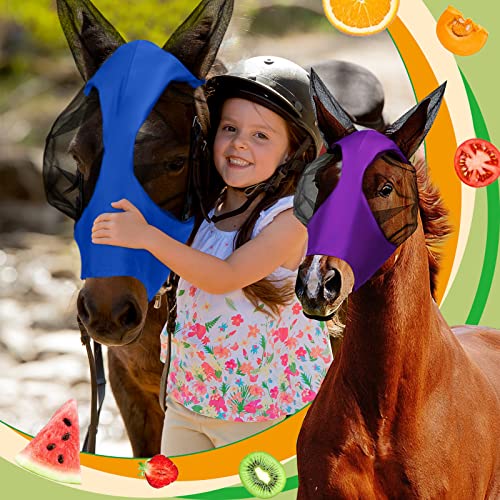 Image of Frienda 4 Pcs Horse Fly Masks with Ears UV Protection Elastic Horse Mask Breathable Comfortable Fly Mask for Adult Horses, Protect from Summer Insect(Large,Purple, Blue, Pink, Black)