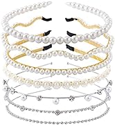 PAGOW 7 Pack Pearls Headbands White Faux Pearls Gold Hairband Artificial Crystal Rhinestones Crow...