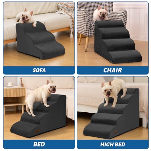 Image of Aodisman Dog Steps for Bed or Couch,4-Step Pet Stairs Ramp for Small Dogs | 17.4 inch H Indoor Non-Slip Dog Stairs Help Senior Dogs,Short-Legged Breeds,Puppies and Cats to Reach Beds and Chairs,Grey,Black