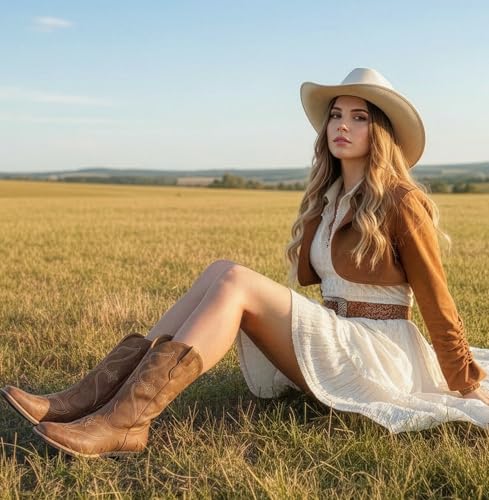 Image of SheSole Women's Square Toe Mid-Calf Western Cowgirl Boots with Cutout & Stitched Embroidery, Chunky Block Heel Fashion Cowboy Boots for Concert Daily