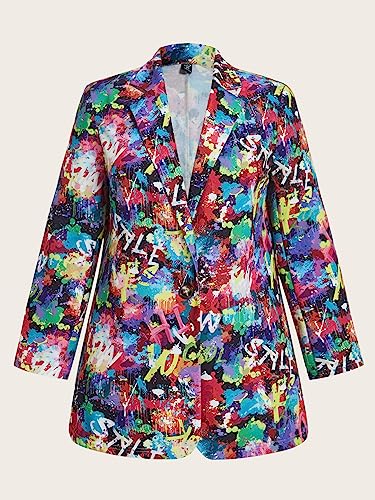 WDIRARA Women's Graphic Print Long Sleeve Single Button Front Open Front Blazer Stand Collar Jacket Waistcoat3