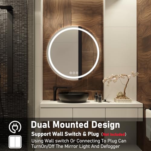 Simusi 600MM Round LED Bathroom Mirror with Lights–Illuminated Bathroom Vanity Mirror with LED Lights, Anti-Fog Wall-Mounted Light up for Makeup, Dimmable 3-Color Lighting, IP44, Tempered Glass - Image 6