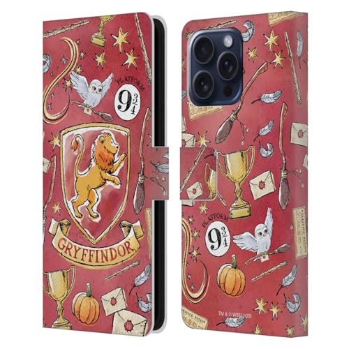 Head Case Designs Officially Licensed Harry Potter Gryffindor Pattern Deathly Hallows XIII Leather Wallet Case Compatible With Apple iPhone 16 Pro Max