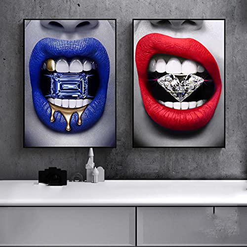 Tableau Pop Art lèvres rouge et bleu pour décoration murale salon