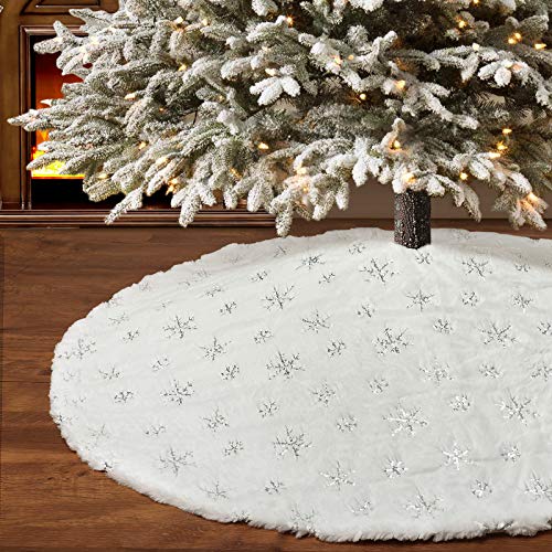 Get Special Price yuboo Silver Christmas Tree Skirt,48 Inches White Fur with Sliver Sequins for Xmas Tree Rug Decorations