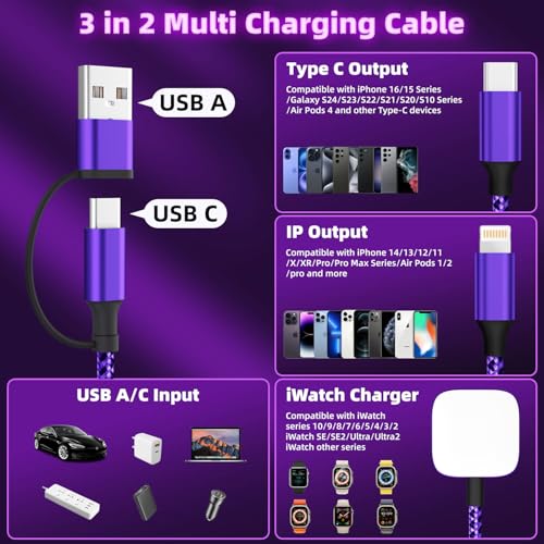 Image of Travel Essentials 3in2 Multi Charging Cable for iPhone Watch Charger,USB A /C to Type C /IP /iWatch Charger,Travel Chargers for Multiple Devices Compatible with iWatch Series&iPhone 16-12 5FT