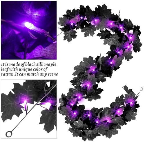 Image of Black Leaf Garland with Purple Lights, 2 Pack Halloween Artificial Hanging Fall Leave Vines with 20 LED, Fall Floral Garlands Thanksgiving Decor for Home Wedding Party (11.8FT)