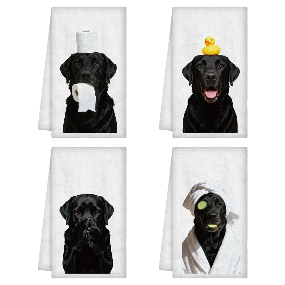 WADORN 4Pcs Funny Labrador Retriever Dog Hand Towels, Black Lab Decorative Kitchen Dish Towel 24 x 16 Inch Microfiber Absorbent Soft Hand Tea Dishcloths for Cooking Baking Bathroom Housewarming Gifts