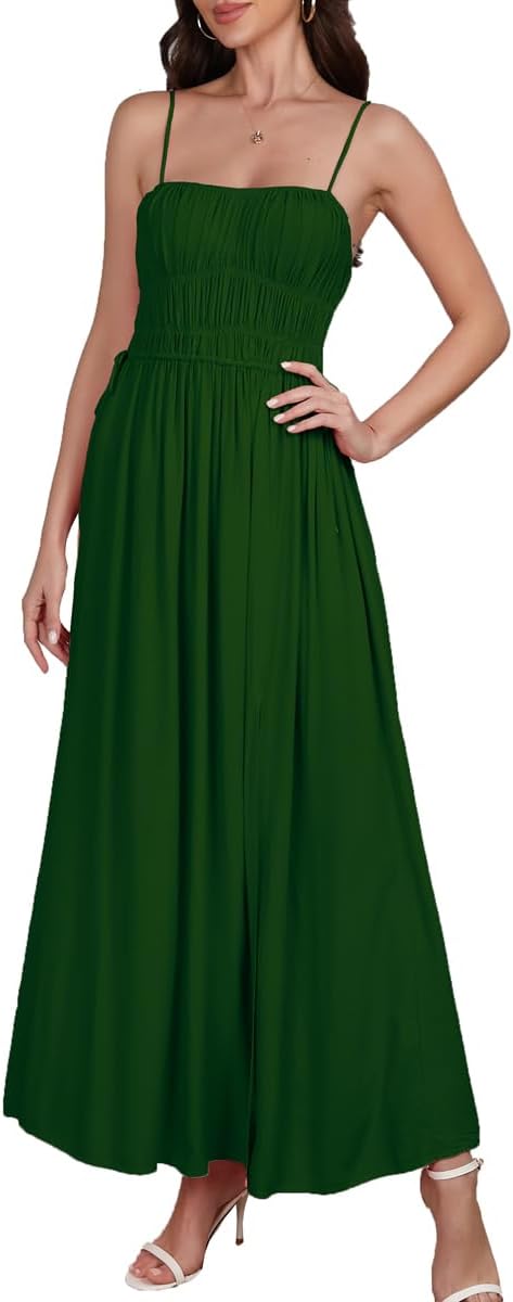 Womens Summer Smocked Sleeveless Spaghetti Straps Maxi Dress 2026 Side Split Drawstring Beach Long Dress - Image 3