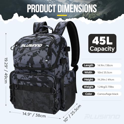 PLUSINNO Mochila de pesca com suportes de vara e refrigerador, bolsa grande resistente à água de 45