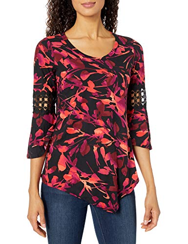 NY Collection Women's 3/4 Printed Bell Asymmetrical Hem Top with Crochet Trim On Sleeve, Red Leafpassion, L