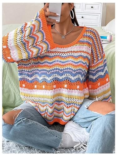 WDIRARA Women's Plus Size Crochet Sweater Colorful Striped Hollow Out Scoop Neck Long Sleeve Knit Top4