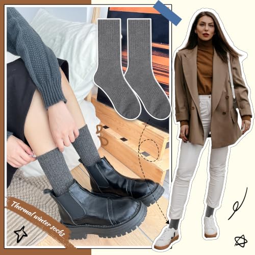 Image of EBMORE 5 Pairs Women Merino Wool Boot Socks Warm Thermal Winter Thick Hiking Cozy Cabin Crew Comfy Socks for Ladies