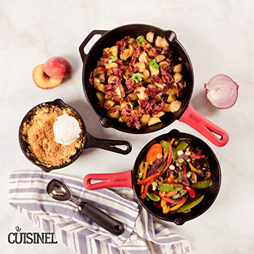 Image of Cuisinel Cast Iron Skillets Set - 3-Piece: 6 inch + 8 inch + 10 inch-Inch Chef Frying Pans - Pre-Seasoned Cookware + 3 Silicone Handle Cover Grips - Use Indoor /Outdoor, Grill, Stove, BBQ, Fire, Oven