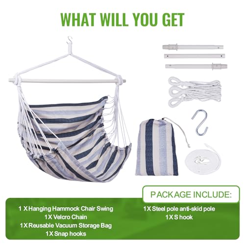 Image of Backyard Expressions Striped Hammock Chair Hanging Rope Swing Chair, Anti Slip Steel Spreader Bar