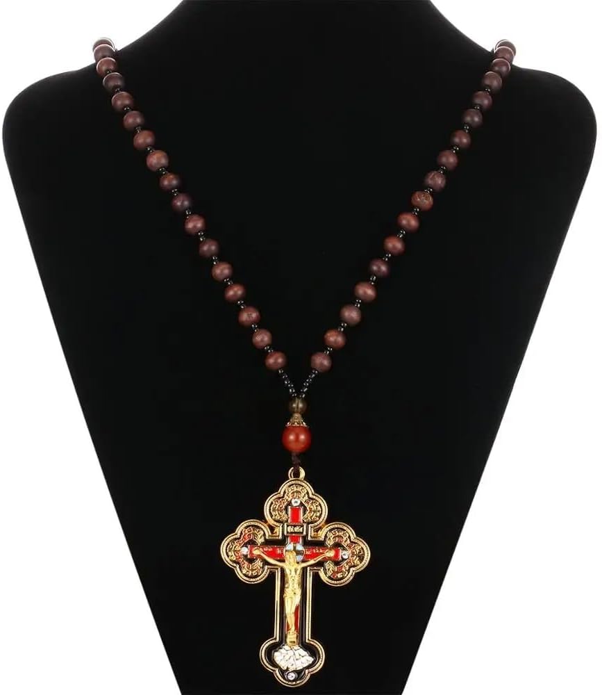 18K Yellow Gold Orthodox Prayer Rope Necklace, Crucifix Jesus Cross Pendant Necklace, Wooden Rosary Beaded Chain Necklace for Men Women Christian Religious Prayer Jewelry Bracelet anglican prayer beads, greek worry beads chotki komboskini - Image 4