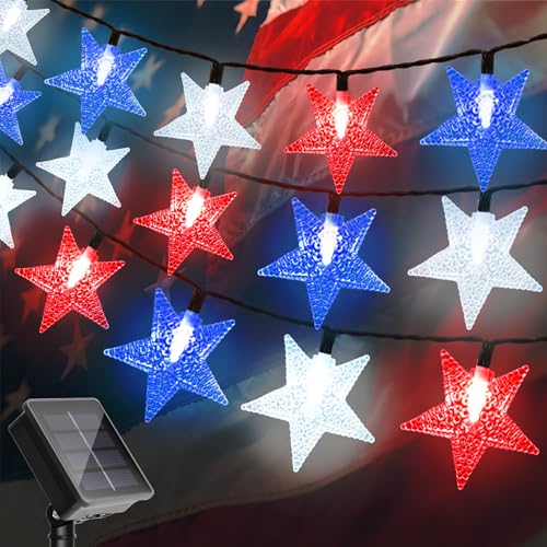 4th of July Twinkle Solar Star String Lights Outdoor 39FT/100L Fairy Lights