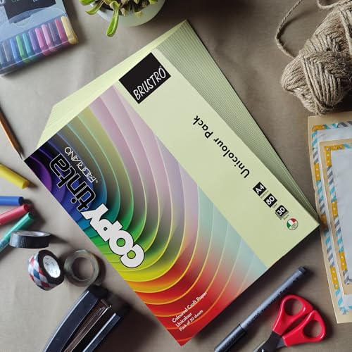 Image of BRUSTRO Copytinta Coloured Craft Paper A4 Size 80 GSM Pastel Green Shade (Verde CHIARO), 60 Sheets Pack | Double Side Colored, Ideal for Origami, Scrapbooking, Making Card, DIY Art & Craft.