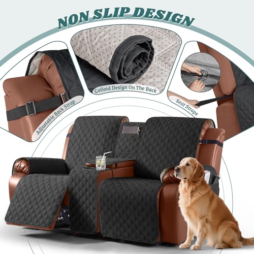 Image of Ruaozz Waterproof Recliner Loveseat Cover with Console, Non-Slip Couch Cover for Double Recliner Split Sofa with Elastic Straps for Kids, Dogs, Pets (Black, 2 Seater)