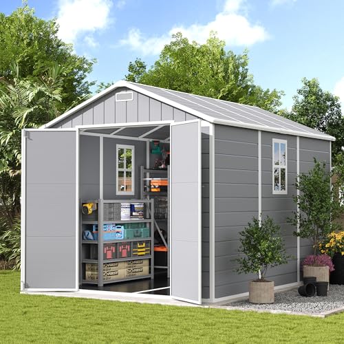 UDPATIO Storage Shed 8 x 10 FT, Resin Sheds & Plastic Outdoor Storage with Floor Large Clearance Outdoors Garden Tool Shed Tuff Outside Patio Shed with Lockable Door for Bike, Garbage Gray White
