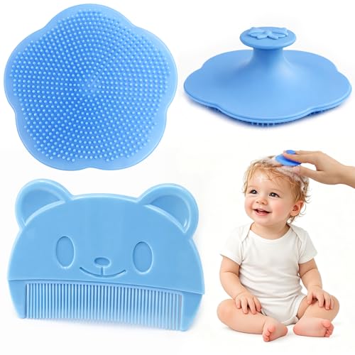 2-Pack Cradle Cap Brushes Silicone Baby Bath Cradle Cap Comb Bear Design Gentle Grooming Daily Scalp Care Baby Care Essential(Blue)