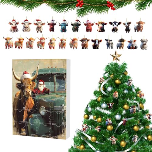 Hochlandrind Calendario de Adviento – 24 puertas con adornos de vaca de Navidad | Planos 8 x 8 cm Adornos acrílicos para coche, espejo interior, árbol, pared, puerta, ventana, fiesta decoración