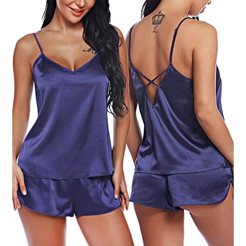 RSLOVE Women V Neck Sexy Lingerie Satin Sleepwear Pajamas Cami Shorts Set Nightwear Medium Iris