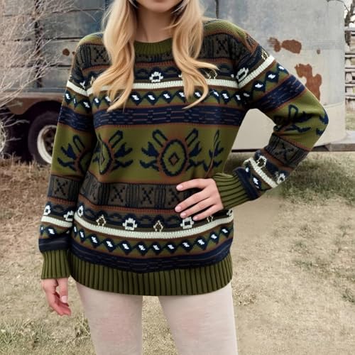 Image of Women Vintage Striped Pullover Sweater Y2k Long Sleeve Crew Neck Loose Knit Sweaters Fall Winter Knitwear
