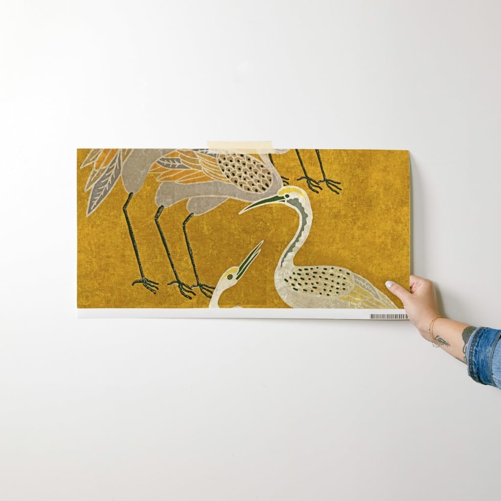 Spoonflower Peel & Stick Wallpaper Swatch - Art Deco Cranes Golden Birds Gold Oriental Texture Silver Custom Removable Wallpaper