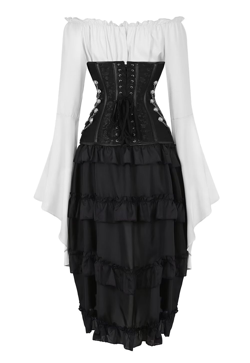 Josamogre Steampunk Corsage Corsagenkleid Korsett Bustier Piraten Kostüm mit asymmetrischer Spitzenrock und Bluse für Karneval Halloween