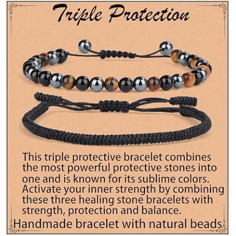 LPBeads 6mm Onyx Tiger's eye Hematite Mixed stone Bracelet with Handmade Rope Bracelet Size Adjustable Natural Stone Crystal Healing Bracelets Gifts for Unisex Adults Cover