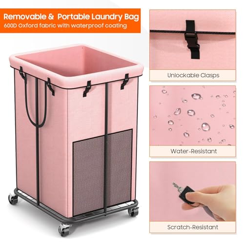 Image of 150L Laundry Hamper with Wheels, Rolling Laundry Basket with Metal Frame and Removable Bag, Large & Tall Dirty Clothes Hampers for Bedroom Aesthetic, Laundry Room, Bathroom, Dorm-Pink