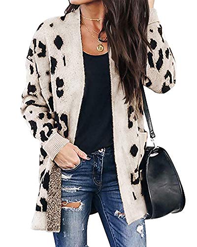 BTFBM Women Chic Leopard Print Cozy Sweater Pockets Button Down Open Front Loose Knitted Long Cardigan with Sleeves (Apricot, Medium)