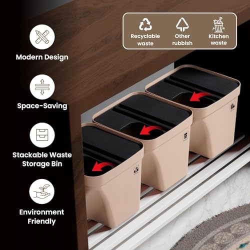 Image of 10L Dustbin with Lid | Beige | Pack of 3 | Multipurpose Garbage Bin for Kitchen, Home & Office | Wet & Dry Waste Basket for Food Waste, Recycling & Indoor Outdoor Use