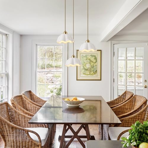 Image of Ceramic Pendant Light Set of 2 with Retro White Dome Lampshade Modern Ceiling Hanging Lamp Adjustable Nordic Mid Century Pendant Light for Kitchen Island Bedroom Restaurant