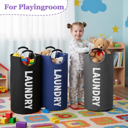 Image of Laundry Basket 3PCS, 95L Large Clothes Hamper with Handle, Foldable Laundry Bag for Kids Room, Bathroom, Dorm, Portable Washing Bin for Home Organization, Black + Gray + Navy Blue