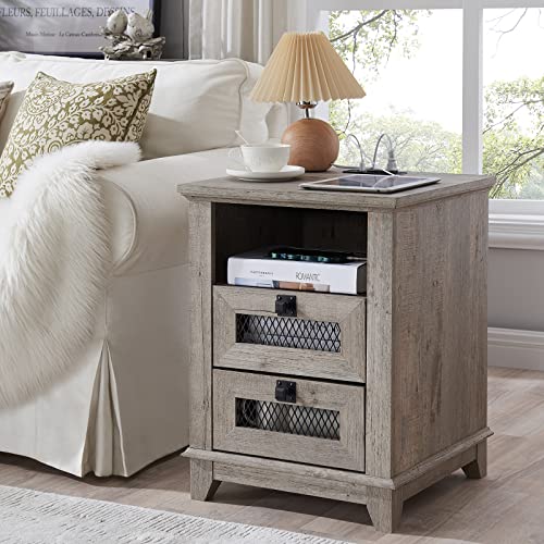 Nightstand With Charging Station,Okd 18'' Industrial & Farmhouse End Table With 2 Drawers & Open Cubby, Rustic Mesh Drawer Sofa Side Table W/Storage For Bedroom, Living Room, Office, Light Rustic Oak #TOP23