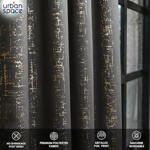 Image of Urban Space 80-85% True Blackout Curtains for Door, Gold Foil Printed Blackout Curtains, Decorative Door Curtain Eyelet with Tieback, 1 Piece Curtain for Living Room(Sparkle Dark Grey, 7 Feet)