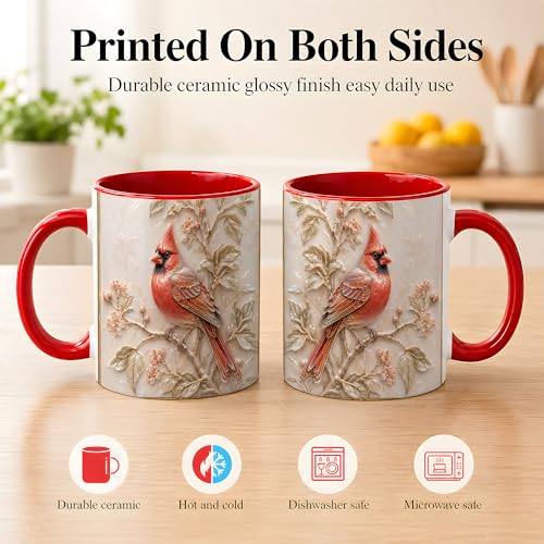 Taza de café cerámica roja con diseño de pájaro miniatura 4