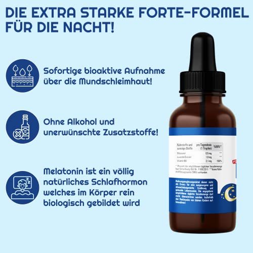 Vihado Melatonin Tropfen - 1000 Nächte - Sofort und schnell - Extra hochdosiert (Forte) - Besser da Melatonin Komplex, 50 ml (1000 Tropfen)