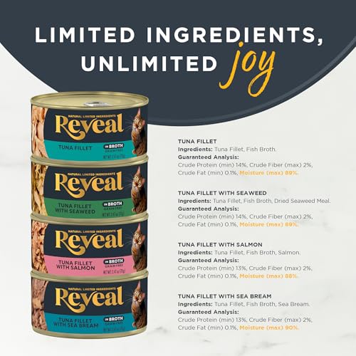 Image of Reveal Fish Variety in Broth Wet Cat Food, 4-Flavor 20-Pack 2.47 oz Cans | 100% Natural, High Quality Protein, Limited Ingredient, Grain Free, No Fillers, No Artificial Additives, No By-Products