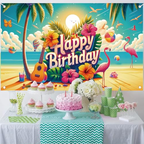 Image of Summer Happy Birthday Backdrop Banner Tropical Hawaiian Flamingo Flowers Palm Leaves Photography Background Aloha Beach Baby Shower Luau Party Supplies Photo Booth Props 71 x 43 Inch