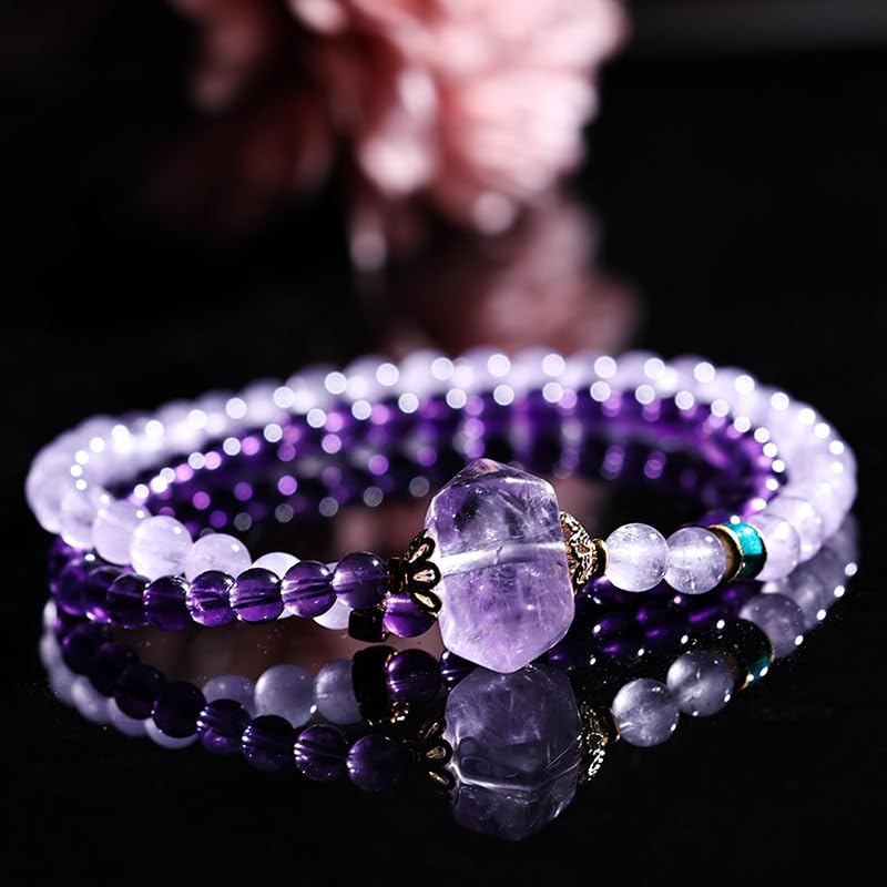 HLTYGWX Amethyst-Kristall-Armband, Perlenarmbänder für Frauen, natürlicher Heilstein, Boho, mehrschichtiges Amethyst-Armband, lila, Geschenke für Frauen und Mädchen, 4 mm