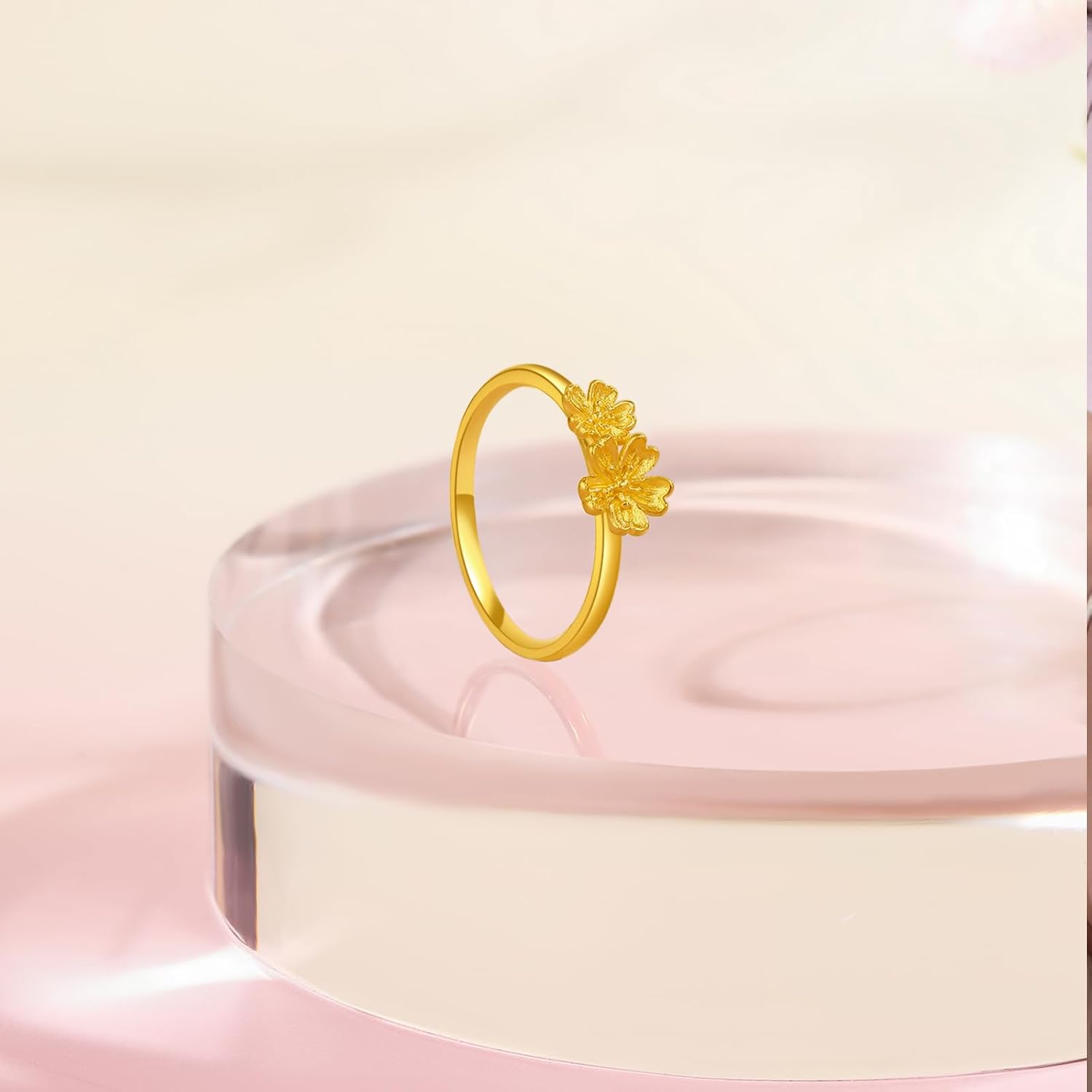 999 24K Solid Gold Flora Ring Blessing Flower Finger Ring 2 Flowers Pure Gold Jewellery Gift(Size: 10-16)