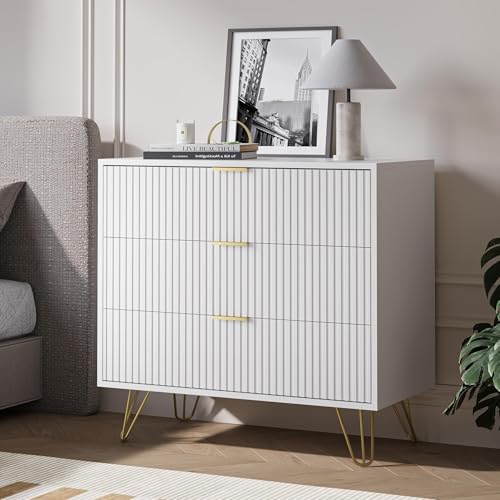 White 3 Drawer Dresser for Bedroom, Fluted Dresser with Gold metal Handles