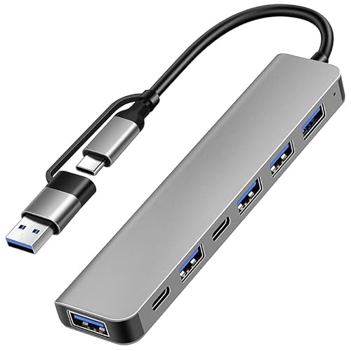 Healife 7-in-2 Dual-Plug USB Hub, USB-A + USB-C Stecker in einem, erweitert auf 1x USB 3.0, 4X USB 2.0, 2X USB-C Datenports – für Laptops, PCs, Typ-C Geräte