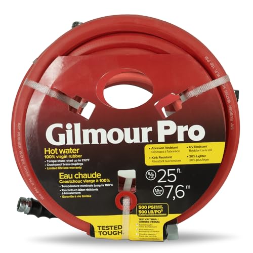 Gilmour Pro Rubber Hot Water Garden Hose 5/8 x 25 Kink-Resistant 400 PSI Brass Fittings Flexible in Cold USA Made