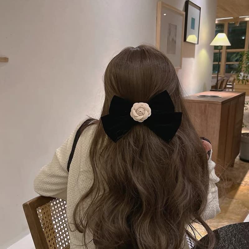 Black Velvet Bow with White Camellia Flower Hair Accessory Amazon.com : Myhiju Camellia Bow Hair Clip, White Flower  main image 4